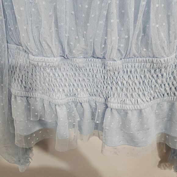 Audrey Parks Soft Blue Tulle Blouse Sheer Long Sleeve Crop V-Neck Size Large - Picture 9 of 10